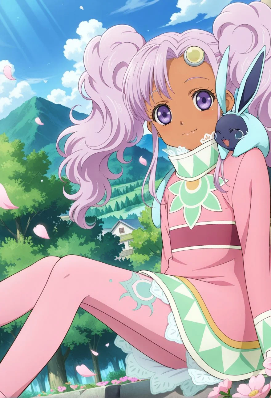 detailed eyes, beautiful, detailed background, perfect eyes,
source_anime, very aesthetic, anime coloring, masterpiece, official art,
<lora:HandFineTuning_XL:1>
BREAK,
village, forest, mountains, flowers, flower petals,
light smile, sitting, open mouth, closed eyes,
cowboy shot , dynamic angle,
looking at viewer,
BREAK,
<lora:meredy_illustriousXL_v02:0.9>
twintails, purple hair, purple eyes, pink dress, pink legwear, lace trim, meredyBase, lace, long sleeves, high collar, sleeves lace, dark skin, meredy \(tales\)
pink footwear, pink pantyhose,
quickiebase, animal on shoulder, blue animal,