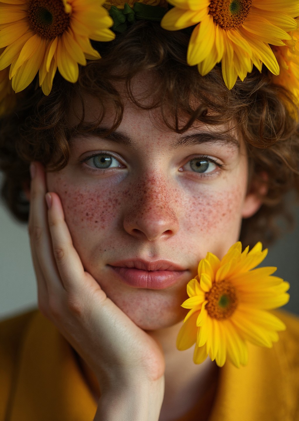This captivating portrait features a young individual man with an enigmatic expression, adorned with a vibrant floral wreath of bright yellow sunflowers. The subject's curly brown hair and freckled complexion are beautifully illuminated by soft, warm light, which creates a gentle, sun-kissed glow on their skin.

The camera angle is a close, intimate shot, with the subject's face positioned directly in front of the lens. Their hand rests on their cheek, cradling a single sunflower, adding a delicate, whimsical touch to the composition. The overall effect is one of quiet contemplation, as if the subject is lost in thought.

The lighting in this image is likely a combination of natural and artificial sources, with the warm, golden tones suggesting a softbox or a carefully positioned light source. The subtle shadows and gentle highlights add depth and dimension to the subject's features, creating a visually striking and captivating portrait.

This image is suitable for all audiences and is considered safe for work (sfw).