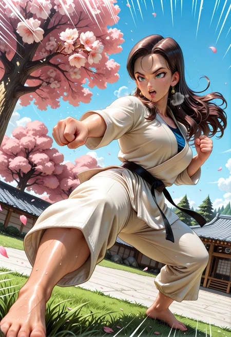 SmoothNoob_Quality, (toriyama akira:1.5), manga style, dynamic composition, 1girl, mature female,long hair, heavy breathing, open mouth, fitness body, sweat, karate gi, barefoot, fighting stance, punching, dojo, grass, falling petals, tree, cherry blossoms, (emphasis lines:1.1), foreshortening, cinematic angle, dutch angle, dynamic angle,
