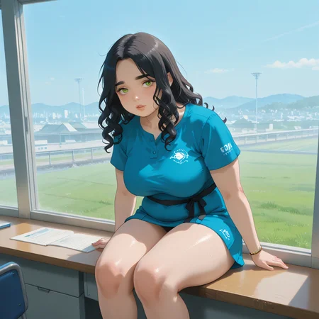 IllusP0s, PonyScores7, source_anime, ah1, IllustriousQual, interesting, exciting, spectacular, wonderful, 
BREAK <lora:xl_more_art-full_v1:0.2>, <lora:aesthetic_anime_v1s:0.2>, <lora:EpicF4nta5yXL:0.2>, <lora:detailxl:0.2>, detailxl, <lora:Fant5yP0ny:0.2>, amazing quality, best aesthetic, absurdres, illustration, Volumetric_Lighting, ultra-detailed, very aesthetic, intricate details, best_quality, <lora:Anime_Aesthetic_Wallpaper_StyleIllustriousXL:0.4>, aniwall,
BREAK ((sits on a window sill, legs dangling outside, gazing into the distance with a dreamy expression)),
BREAK Stable_Yogis_PDXL_Positives, AS-Adult, <lora:Complicated fantasy portrait - XL Pony V2.0:0.2>, bad-hands-5, <lora:HDA_Detailer:0.3>, <lora:natsumi_style:0.5>, <lora:by_usakun-pony:0.4>, by usakun, <lora:Akina_Bbw_Style_-_PonyXL:0.2>, AkinBw, ((Jump Cut Montage)),
BREAK 1girl, mature female, (curvy), round-chin, caucasian, <lora:ETO_OC_Illustrius:0.5>, eto_oc, skindentation, (plump), thick thighs, wide hips, busty, voluptuous, <lora:venus body PonyXL:0.3>, <lora:shinyskin2:0.2>, glistening skin, HDA_FatGirlXL, round ass, large breasts,
BREAK ((blue and Red Satin Tunic)),
BREAK (curly hair), long hair, (black hair:1.4), (parted hair:1.7), messy hair, kinky curls, <lora:hairdetailpxl:0.2>, hairdetailpxl,
BREAK (half green and brown eyes), (colorful eyes), (multicolored eyes), (downturned eyes:1.4), <lora:expressive eyes:0.2>, expressive eyes, <lora:eyedetailpxl:0.2>, eyedetailpxl, <lora:Eyes_High_Definition:0.2>, EyesHD, (round face:1.2), (thick eyebrows:1.3), (plump face), <lora:Round_face:0.2>, lips, 
BREAK ((eyes are full of determination expression)), <lora:Expressive_H:0.2>, Expressiveh, <lora:Emotional_Anime_Expressions_PonyXL_Concept:0.2>, emotional, <lora:Best_Facial_Expression_LoRA_PONY:0.2>, looking at viewer, <lora:Detailed expressive EXEV style -XL Pony V1.0:0.2>, FaceDetail, <lora:Best_Facial_Expression_Helper_XTREME_ILLU:0.4>, kaogei,
BREAK (((a professional reception area with a sleek desk, comfortable chairs, company branding on display, reflecting the organization's corporate identity))), <lora:Background Detailer - SDXL:0.8>, 4k, 8k, Ultra HD, Masterpiece, Best quality, Detailed background, <lora:Add_more_details_V2_XLpony:0.4>, full_details, <lora:background-type1:0.4>,