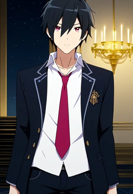 ((masterpiece)), ((best quality)), ((ultra-detailed)), ((absurdres)), score_9_up, score_8_up, score_7_up,
HD, top quality, best quality, amazing quality, High-quality illustrations, anime screencap, source_anime, best aesthetic, perfect proportions, perfect eyes, 1boy, 1male, solo boy, solo male, male focus, solo male focus, Anime, boy, male anime character, anime boy, handsome, sexy, cute, charming, ((looking at front, looking at viewer)), ((front shot, front view, view from front)), ((lean body, slim body)), Itsuki Yuge, black hair, long sidelocks, crimson eyes, black blazer, white shirt, untucked shirt, long red necktie, black pants, easynegative, updn, Expressiveh, masterpiece, best quality, very aesthetic, absurdres, ((cowboy shot, head to hips shot))