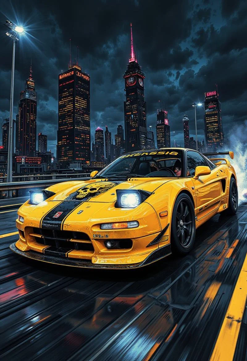Photorealistic illustration, Honda NSX, 1990s NSX, shiny body, yellow car, LED headlights, skull and black stripes on the body, skyscrapers, Japan, Tokyo, highway, night, high speed race, racing, motion lines,
<lora:Dieselcore:0.7><lora:Glitchcore_Flux:0.4>