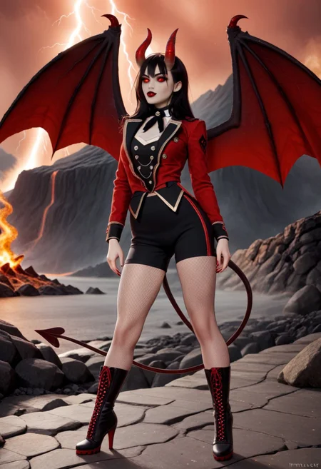 A 35mm photo of a beautiful slim woman, she is a reptilian demon , pale red demon skin with orange belly skin and inner thighs, black demon horns, clawed demonic hands, digitigrade red demon hooves, spade tipped demon tail, standing in a volcano, long straight black hair, large green feline demon eyes, demonic wings, lit with a sickly green light, red sky, blue lightning, broad sexy hips, slim waist, pert breasts, wearing a fitted red tailcoat and black yoga leggings
ruffled lingerie, lava, fire, volcano, lightning, hud_rngmstr,  black shorts, red long sleeve sequin short jacket, buttons, top hat, black neck ribbon, fishnet pantyhose, high heel boots