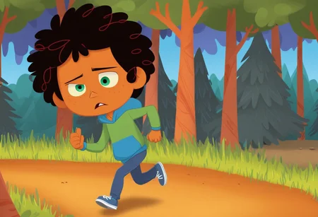 max (camp camp), cartoon theme, max (camp camp), 1boy, solo, human, male focus, curly black hair, curly tousled black hair, afro, dark skin, dark-skinned male, large eyes, round eyes, green eyes,small nose, triangular nose, pointed nose, anoyed face, running, blue hood, blue pants, small body, young boy, chibi, dark forest, night