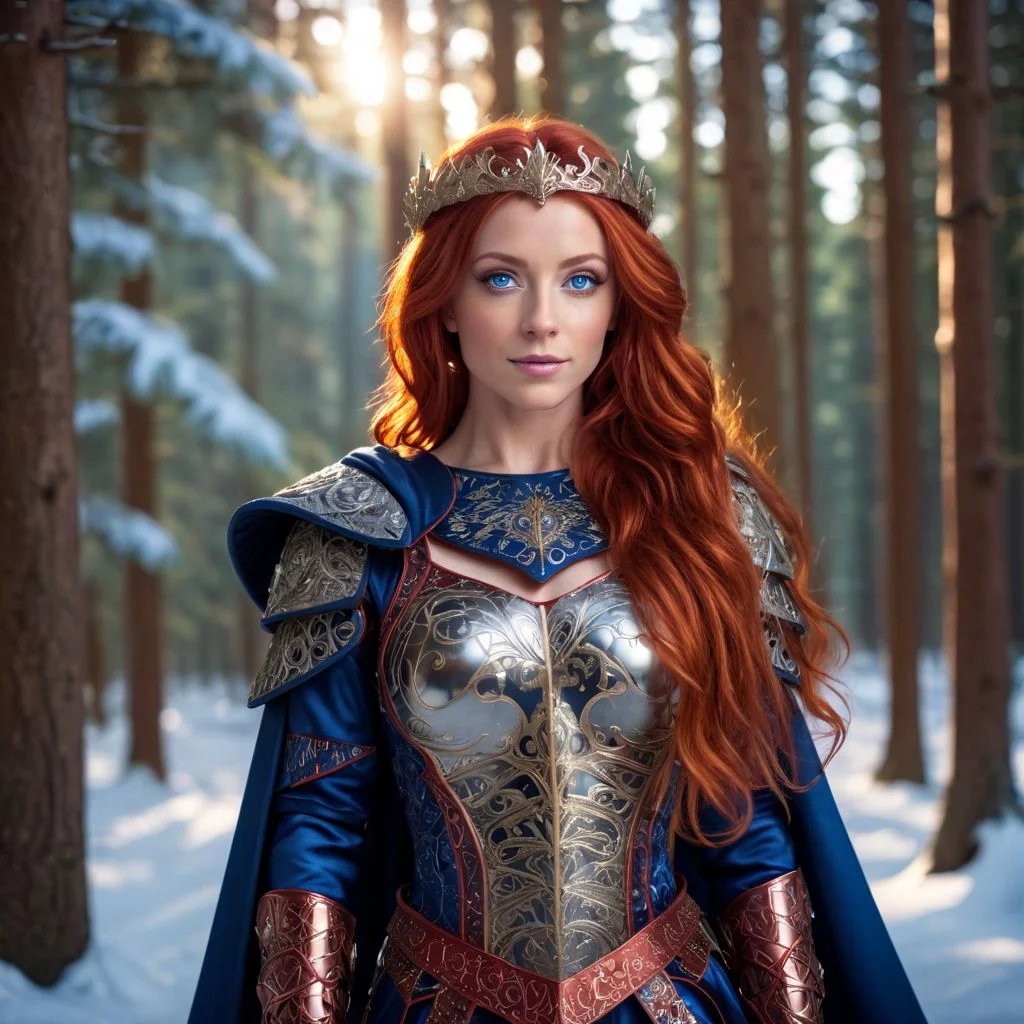 Odessa, masterpiece, 1girl, solo, red hair, long hair, smile, circlet, pants, cape, armor, closeup, full body, outdoors,(masterpiece:1.1), (best quality:1.1), 1girl, Real light and shadow, photo-realism, raytracing, 4k, 8k, wallpaper,epic, detail texture, red hair, (blue eyes:1.5), ((((red hair:1.35, medium hair)))), intricate eyes, beautiful detailed eyes, symmetrical eyes, big eyes:1.5, (((lustrous skin:1.5, bright skin: 1.5, skin tanned, shiny skin, very shiny skin, shiny body, plastic glitter skin, exaggerated shiny skin, illuminated skin))), (detailed body,(detailed face)), cute, erotic, daring, (((medieval armor, adventurer man armor, winter coat))), (((intricate outfit, intricate clothes, embroidered outfit, ornate outfit, embroidered clothes, ornate armor))), (dynamic pose:1.0), happy, smile, (centered, scale to fit dimensions, Rule of thirds), ((snowy pine forest at night)), with dark stormy clouds, winter scenery:1.25, ((snow forest background)), Christmas tree, highres, sharp focus, (ultra detailed, extremely detailed), (photorealistic) (extremely detailed CG unity 8k wallpaper), (((vibrant colors,vibrant theme))), (intricate), (masterpiece),(best quality), lean on table, lace dress