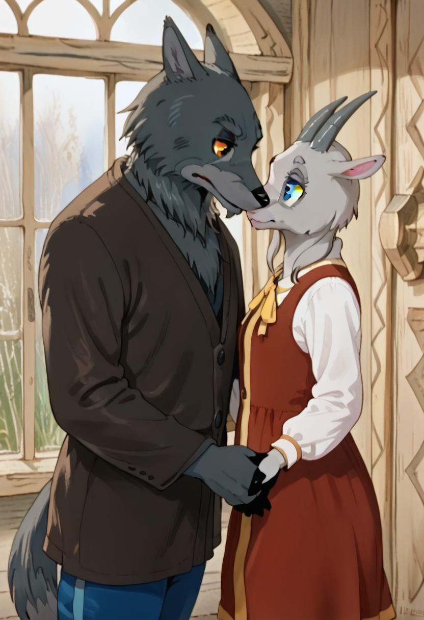 score_9, score_8_up, score_7_up, detailed eyes, w0lf, 1boy, furry, wolf, yellow sclera, grey fur, closed mouth, brown shirt, blue pants, cowboy shot, looking at each other  BREAK   g04t, 1girl, furry, goat, blue eyes, grey fur, red dress, long sleeves, white sleeves,