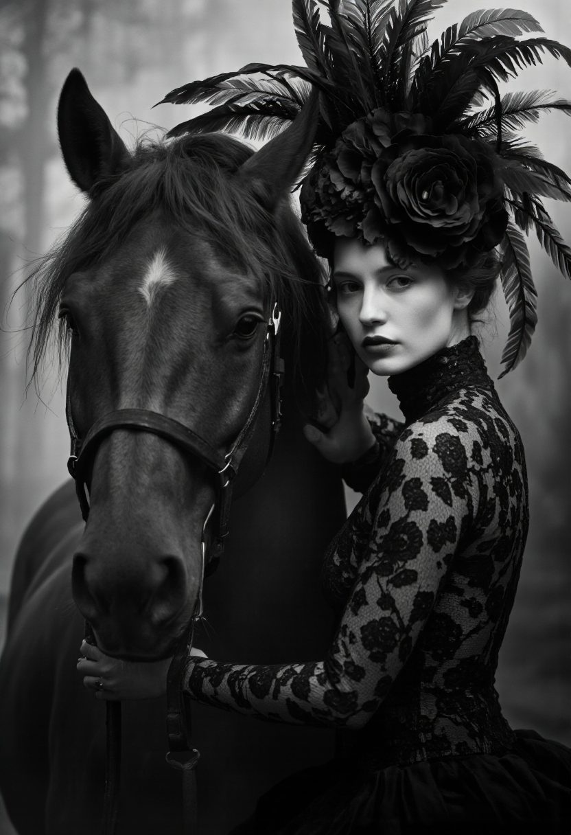 NyxBorne. A black and white photo shoot from a portrait camera angle about a woman and a horse in a dramatic pose. the image features a woman with pale skin, wearing a black lace dress with intricate floral patterns and a large, feathered headpiece adorned with a large black flower. she is positioned on the right side of the image, leaning slightly to the left of the horse, with her face close to the camera. the woman, who appears to be in her mid-twenties, has a serious expression and is looking directly at the viewer. she has dark lipstick on her lips, and her hair is styled in an elegant updo. the horse is standing close to her, with a halter around its neck. the background is blurred and out of focus, giving the image a dreamy, ethereal quality. the lighting is soft and diffused, creating a sense of depth and dimensionality. the overall mood is dark and moody, with the woman and the horse creating a striking contrast.
