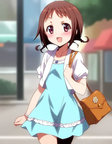 score_9, score_8_up, score_7_up, source_anime, rating_explicit, BREAK <lora:Wakana_Misato_XL:1> Wakana_Misato, brown hair, short hair, twin braids, purple eyes, brown eyes,
solo, dress, blush, bag, handbag, open mouth, :o, looking at viewer, casual, blue dress, flower,
day, outdoor,