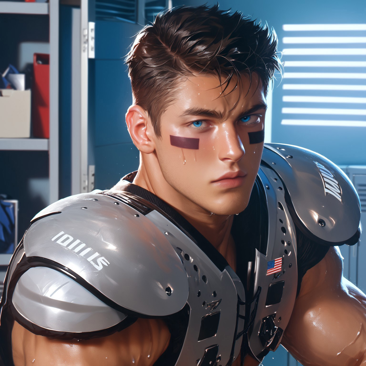 safe_pos, FootballShoulderPads, male focus, locker room, American football player, big biceps, very attractive, eye black, close up, blue lights, blue eyes, score_9, score_8_up, score_7_up, highly detailed, sweaty
