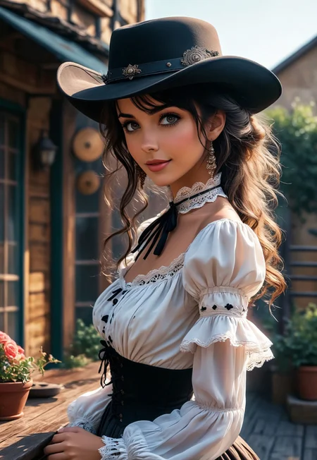 score_9, score_8_up, score_7_up, source_anime,high res image, masterpiece, best quality,
gorgeous woman, puffy body, dark eyes, nose blush, gradient hair long hair with drill bangs,
wearing victorian dress, laces, fahion hat,
outdoor terrasse background, 
side view, cowboy-shot, smiling, standing pose
 (8k uhd:1,4)
 <lora:add-detail-xl:1>
 <lora:Dynamic Poses:1>