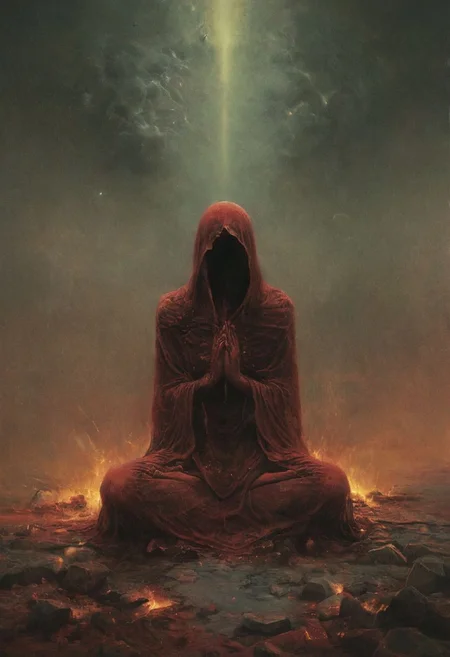 Capturing serenity amidst boundless solitude: a powerful image of a pure evil devil is the personification of evil as it is conceived in various cultures and religious traditions. It is seen as the objectification of a hostile and destructive force form, draped in flowing feudal garb, large sedge-hat, evil cross sign strong bright Satan aura ,meditating in lotus position upon an endless, , sunless expanse. As she hovers, an aura emanates from her, growing in intensity as it extends beyond her Till it explodes in the far, reminiscent of expanding ripples of sound. evil lcross sign strong bright Satan auraThe neon hues of her aura paint the air, a vivid testament to her inner strength and focus.
creating a hyperpunk scene with desaturated translucent DARK Red and beige details, colorful (polaroid:0.7) with vibrant colors, (vacations, high resolution:1.3), (small, selective focus, european film:1.2), (sexual advance:1.1), ,end of hopes ,silence, extremely detailed,dark,sad, easynegative, digital artwork by Beksinski, extremely detailed, dark, chiaroscuro, low-key,in the style of Kelly Slater ,style by Kelly Slater,closeup,digital artwork by Beksinski, style of Kelly Slate