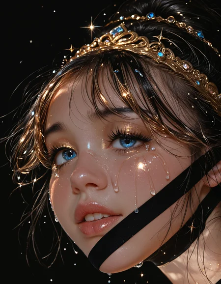 embedding:Stable_Yogis_PDXL_Positives2, facelistic, realism, golden make up, big eyes, plump lips, parted lips, prism light, lookit at viewer,, 1girl, black background, black hair, blue eyes, close-up, closed eyes, crying, eyelashes, face, lips, mole, simple background, solo, sparkle, streaming tears, teeth