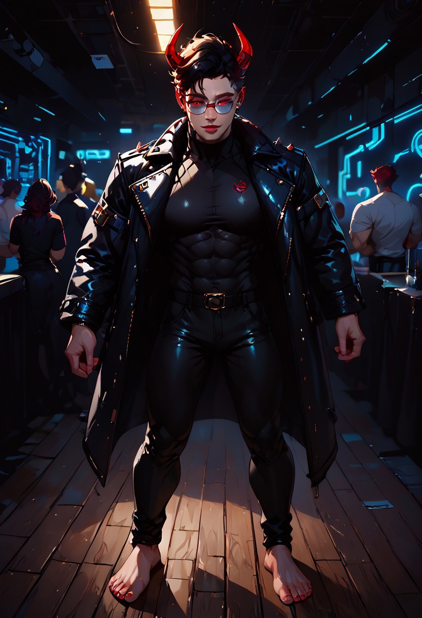 ((score_9, score_8_up, score_7_up,score_9, score_8_up, score_7_up)), (Masculine, Light/tan skin, Toned and 6'5 feet tall:1.4), 24 years old, Handsome face, smileface, perfect face, (((Black hair with neon red highlights))), ((Glowing neon Gold irises)), (Neon Red pupils), (White Sclera), shiny skin, Curley short haircut, ((2 spiral red horns)), (((Demon))), (Large muscle build), gages in ears, Neon tattoos on arms, wild hair, toned hips, ((fit look, large intelligent glasses)), ((Long Blue leather coat, dragon scale coat, black vest, black shirt, black pants)), shiny skin, living room , warm lighting, (no nsfw), lavish bar, stools, cowboy shot, alcohol, crowd, talking with hands