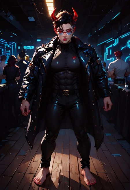 ((score_9, score_8_up, score_7_up,score_9, score_8_up, score_7_up)), (Masculine, Light/tan skin, Toned and 6'5 feet tall:1.4), 24 years old, Handsome face, smileface, perfect face, (((Black hair with neon red highlights))), ((Glowing neon Gold irises)), (Neon Red pupils), (White Sclera), shiny skin, Curley short haircut, ((2 spiral red horns)), (((Demon))), (Large muscle build), gages in ears, Neon tattoos on arms, wild hair, toned hips, ((fit look, large intelligent glasses)), ((Long Blue leather coat, dragon scale coat, black vest, black shirt, black pants)), shiny skin, living room , warm lighting, (no nsfw), lavish bar, stools, cowboy shot, alcohol, crowd, talking with hands