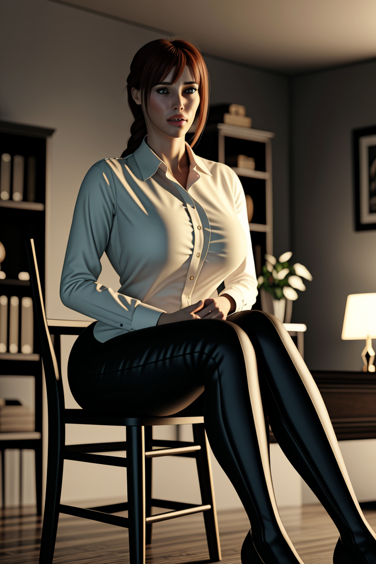 jackerman, 3d, cgi, masterpiece, best quality, curvy, 1girl, corneo_makima, huge breasts, white shirt, black tie, black pants, sitting on chair, looking at viewer, cowboy shot, indoor, office, day, light, <lora:jackerman-12-v2:1>, <lora:LCM_SD15:1>