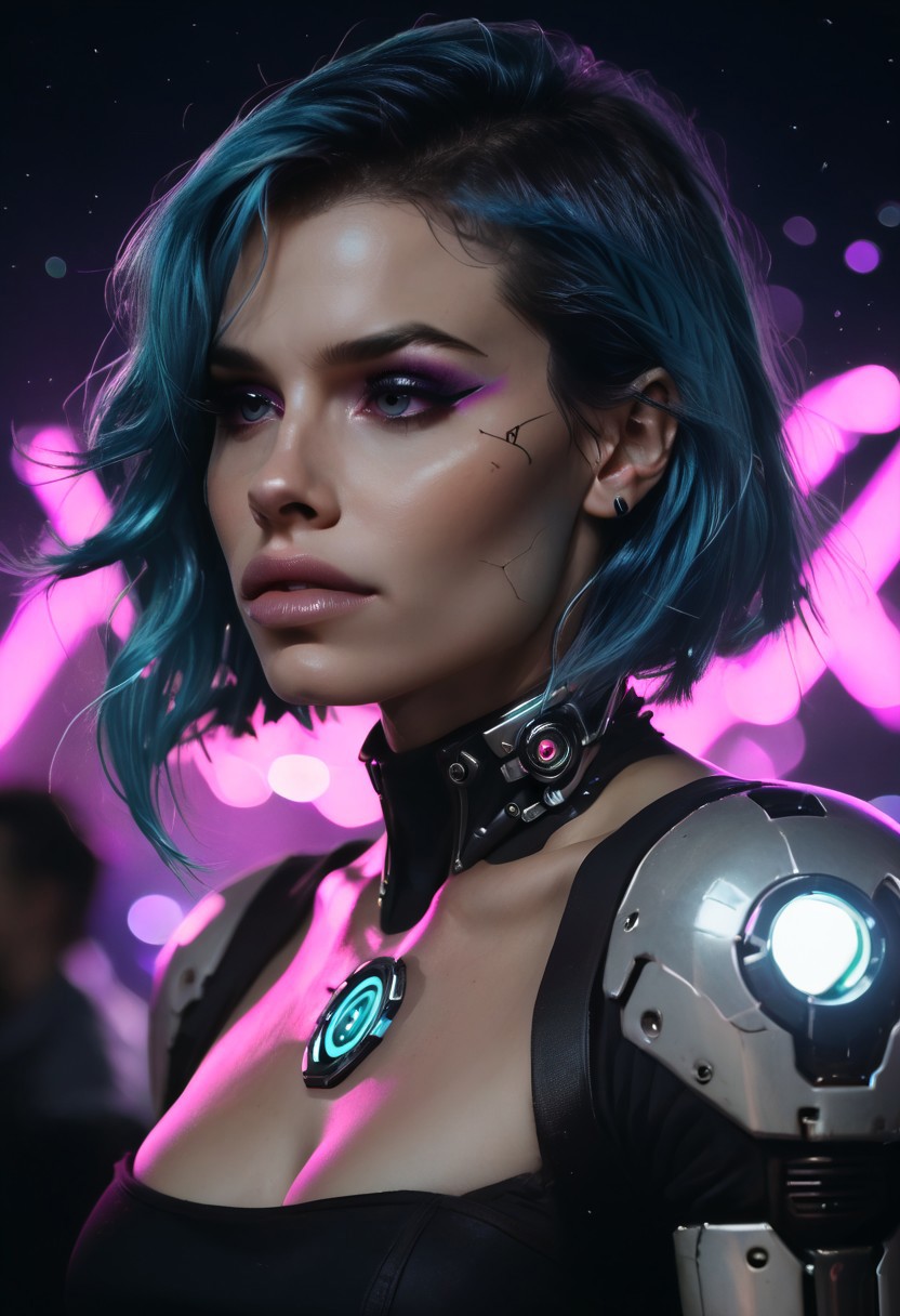score_9, score_8_up, score_7_up, cyborg, ar3na1989, Kodak Motion Picture Film Style, 1girl, blue hair, (neon purple light), pop singer, (bokeh), sci-fi, dark atmosphere, moody, aesthetic,