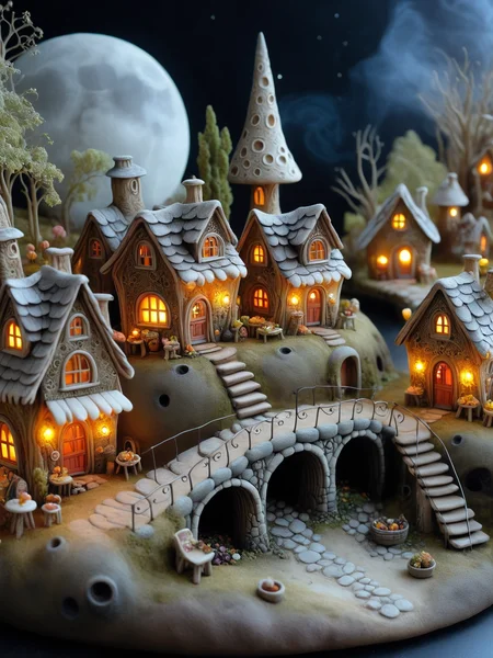 A whimsical miniature ais-lunar fairy village at night, with tiny houses, shops, inns, bakeries, bridges, and gardens all intricately detailed in ais-lunar, smoke from chimneys, buildings with ethereal lights, dark, atmospheric, dynamic, cinematic, masterpiece, intricate, hdr <lora:Lunar_Surface_SDXL:1>