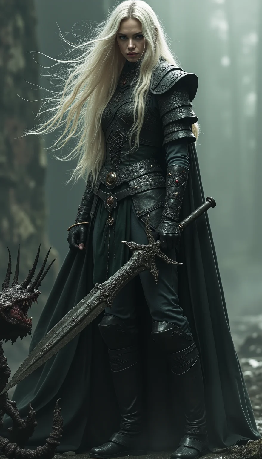 Photorealistic of a beautiful adult female, goddess, cursed monster slayer, Lord of the Ring, dark fantasy, triadic light colored hair, wearing an ancient battle suit, standing on a dark tower, killing gruesome biological creature. Rich monochromatic shades, ultra-detailed face expression, structured via Gestalt principles