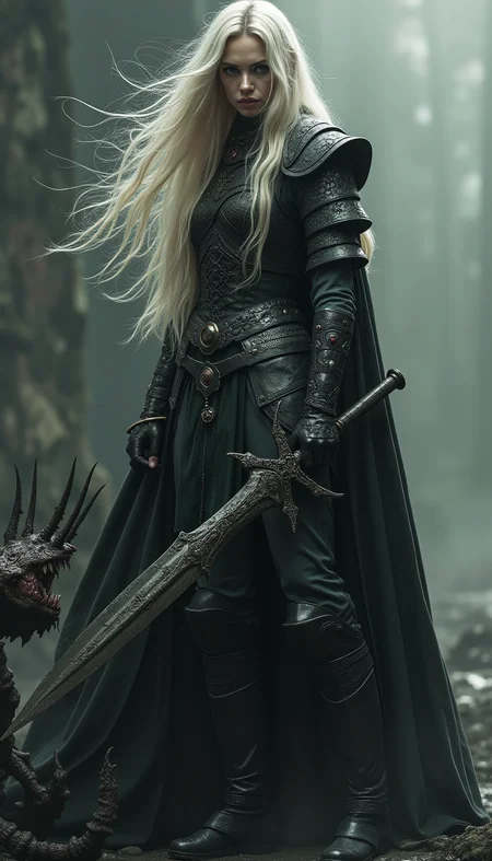 Photorealistic of a beautiful adult female, goddess, cursed monster slayer, Lord of the Ring, dark fantasy, triadic light colored hair, wearing an ancient battle suit, standing on a dark tower, killing gruesome biological creature. Rich monochromatic shades, ultra-detailed face expression, structured via Gestalt principles