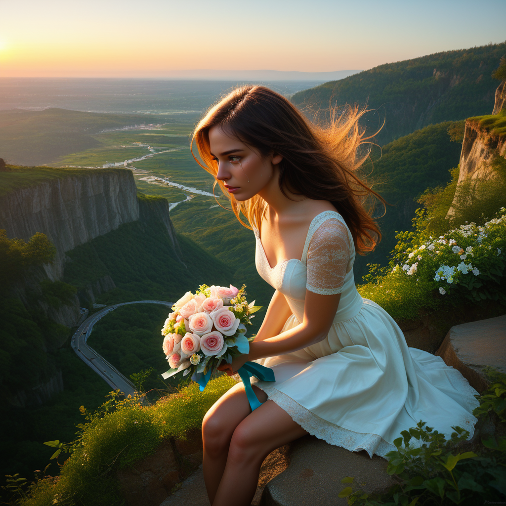 score_9, score_8_up, score_7_up,  source_photo, 8k skin textures,,high_quality_photography, source_photo, highly_detailed, very_aesthetic, beautiful, realistic,pretty woman,sitting on a cliff,above ocean,sunset,crying,holding valentine,bouquet of flowers thrown on the ground, man walking away in background,zPDXL2
