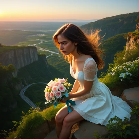 score_9, score_8_up, score_7_up, source_photo, 8k skin textures,,high_quality_photography, source_photo, highly_detailed, very_aesthetic, beautiful, realistic,pretty woman,sitting on a cliff,above ocean,sunset,crying,holding valentine,bouquet of flowers thrown on the ground, man walking away in background,zPDXL2