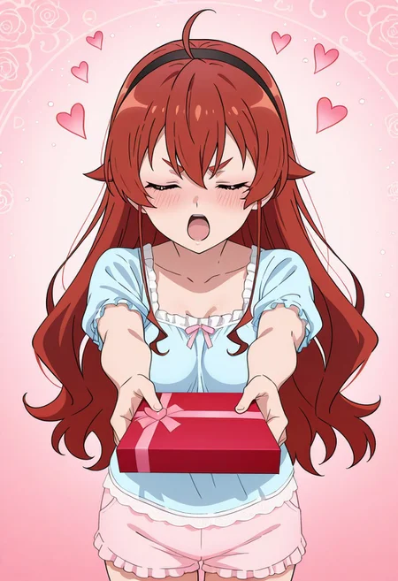masterpiece, best quality, newest, absurdres, highres, detailed eyes, beautiful, detailed background, perfect eyes, anime coloring, anime screencap, 1girl, solo, Eris_Greyrat, red_eyes, red_hair, ahoge, hair_between_eyes, hair_flaps, small_breasts, perfect round breasts, sleep wear, casual outfit, <lora:love-letter-ponyxl-lora-nochekaiser:1>, love letter, heart, valentine, letter, confession, incoming gift, outstretched arms, closed eyes, shouting,, , cowboy shot,