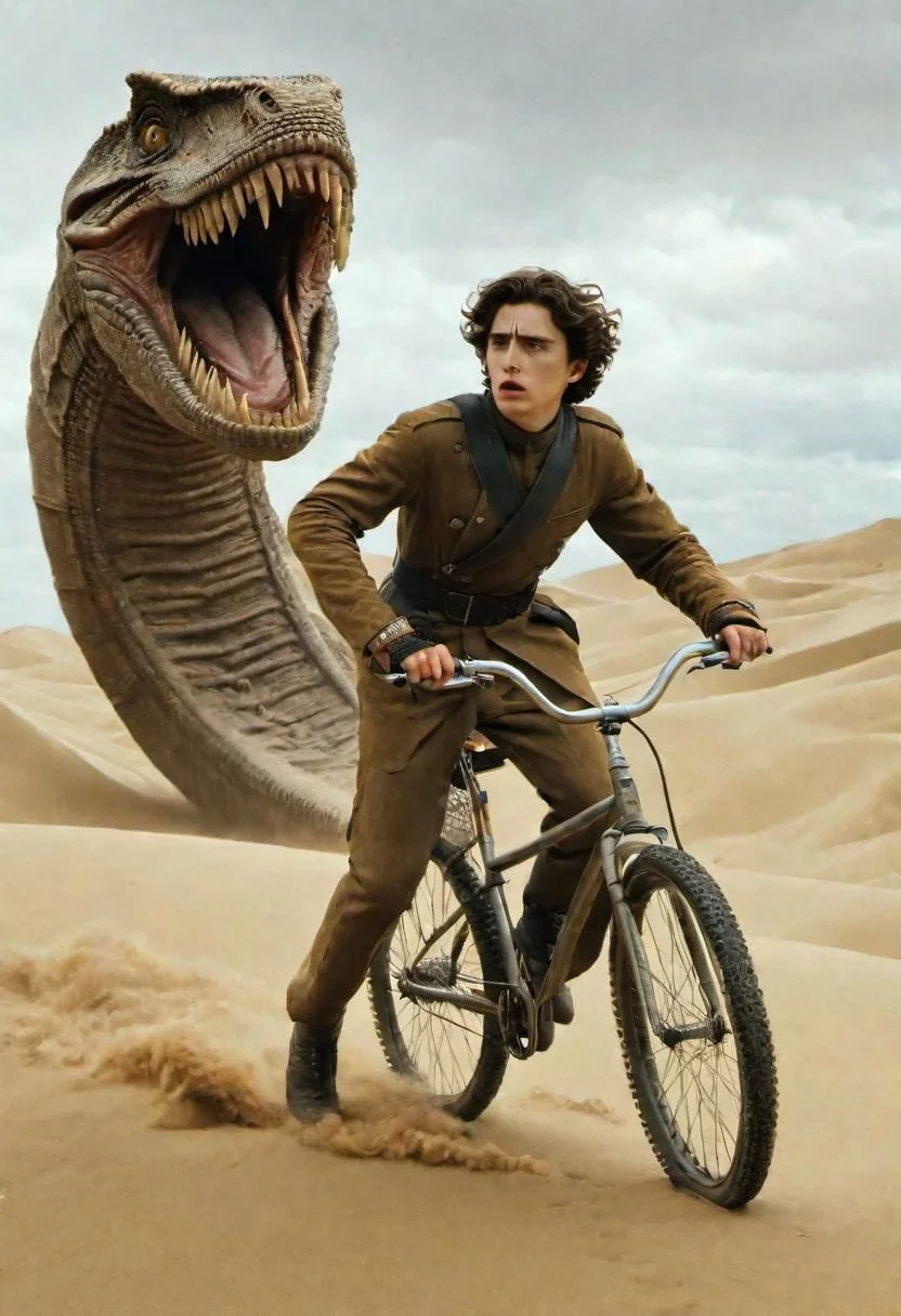Timothe Chalamet as a Paul Atreides ride a bicycle on a dune planet, Sandworm pursue, Paul Atreides run from giant sand worm by bycicle