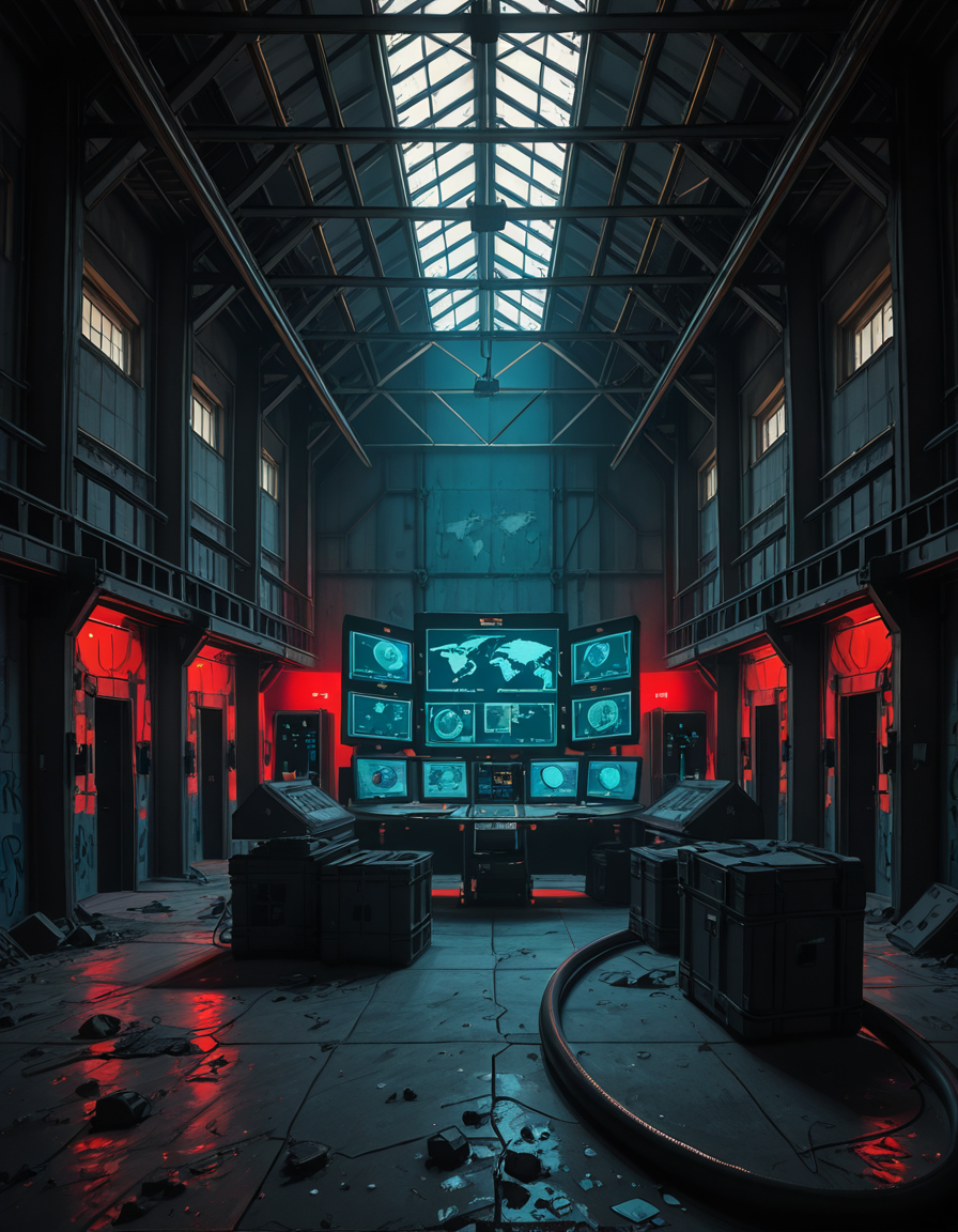 A dark, abandoned warehouse transformed into a villain's secret lair. The structure is massive and industrial, with rusted steel beams, shattered windows, and crumbling concrete walls covered in old graffiti. The floor is dusty and cracked, with scattered debris and oil stains. Dim red and blue lights glow from hidden sources, casting eerie, atmospheric shadows throughout the space. In the center, a high-tech command station glows with holographic maps, control panels, and futuristic computer screens. Advanced equipment, weapons racks, and strange scientific devices are neatly arranged on steel tables. Thick black cables snake across the floor and dangle from the ceiling. Makeshift metal dividers and reinforced crates create hidden zones for operations and storage. The setting is cinematic, mysterious, and tense, with dramatic lighting, high contrast between dark corners and glowing tech, and a realistic, moody art style â like a scene from a dystopian sci-fi thriller. No people or figures are present. 
<lora:SDXLFaeTastic2400:0.4> <lora:extremely_detailed:0.4> extremely detailed,villain secret l41r, <lora:villain_secret_l41r-i:1>, Masterpiece,best quality,hi res,8k,hi res,8k,award winning,(sharp focus, intricate, highly detailed),