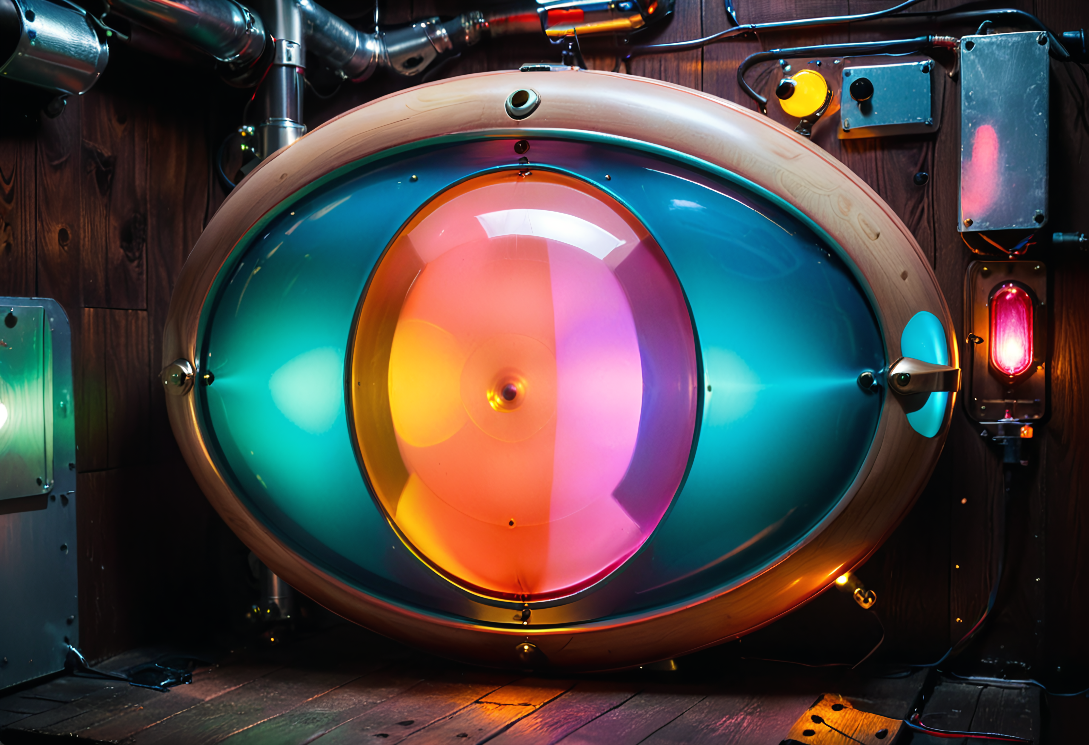 shnywrld, inflatable, retro-scifi, colorful, luminous, a (shnywrld laser), brightly colored in multiple shades and hues, cartoonish, rounded edges, surreal shape, on a copper and wooden plaque, simple background.  <lora:shinyworld:.8>  <lora:zavy-cntrst-sdxl:.8> dark, chiaroscuro, low-key <lora:xl_more_art-full_v1:.8>
