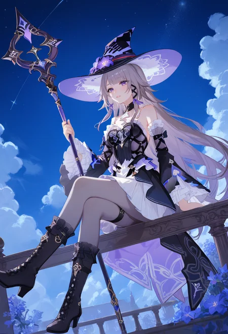 score_9,score_8_up,score_7_up,score_6_up,<lora:大é»å¡pony-000008:1>,
THEHEITA_\(honkai_star_rail\),purple eyes,grey hair,long hair,
solo,1girl,witch hat,frills,black footwear,asymmetrical boots,breasts,dress,black dress,detached sleeves,bare shoulders,high heels,key necklace,knee boot,grey pantyhose,pantyhose,sitting,full body,long and short boots,hand-shaped leg ring,crossed_legs,from_below,witch staff,sitting on staff,shoe soles,sky,night,cloud,stars,suspension,blue light