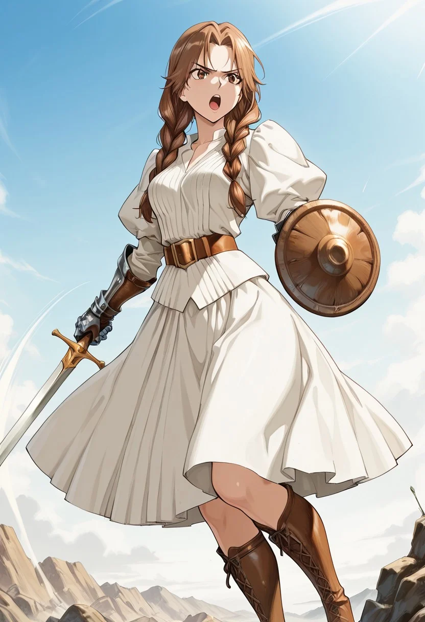 score_9,score_8_up,score_7_up,source_anime,5_figner,2d_animation,game cg,BREAK,1girl,solo,
ferris,gauntlets,white dress,brown hair,long hair,belt,braid,puffy sleeves,twin braids,brown eyes,lips,
medium breast,cowboyshot,serious,boots,
sword,shield,slashing,openmouth,
masterpiece,best qualit,ultra-detailed,illustration,an extremely delicate and beautiful,beautiful detailed eyes,unity 8k wallpaper,high resolution,anime CG,official_art,Erotic_style,anime_coloring, anime_screencap,