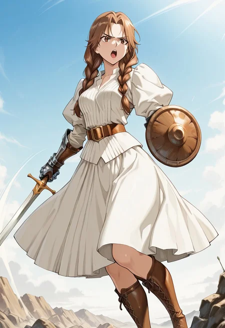 score_9,score_8_up,score_7_up,source_anime,5_figner,2d_animation,game cg,BREAK,1girl,solo,
ferris,gauntlets,white dress,brown hair,long hair,belt,braid,puffy sleeves,twin braids,brown eyes,lips,
medium breast,cowboyshot,serious,boots,
sword,shield,slashing,openmouth,
masterpiece,best qualit,ultra-detailed,illustration,an extremely delicate and beautiful,beautiful detailed eyes,unity 8k wallpaper,high resolution,anime CG,official_art,Erotic_style,anime_coloring, anime_screencap,