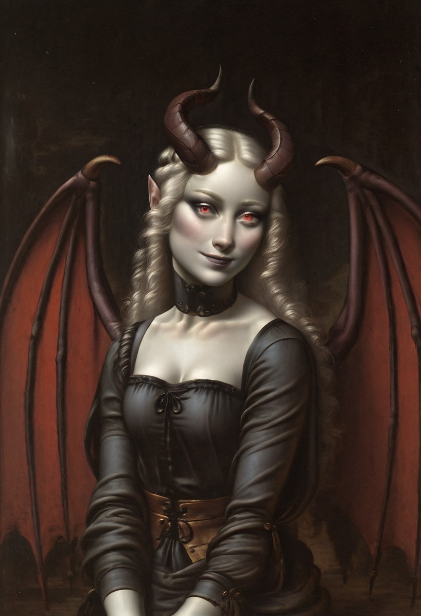 LeonardoDaVinciStyle-IL.V1.0, oil painting, fine art, classic art, masterpiece, best quality, 1girl, white skin, white colored skin, pale skin, albino, albino skin, horns, demon horns, demon girl, succubus, wings, bat wings, demon wings, goth, goth girl, goth makeup, runny makeup, smile, grin, closed mouth,