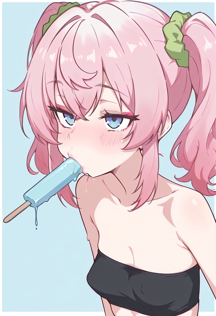 masterpiece, best quality, 1girl, solo, skinny, flat breasts, blue eyes, (pink candy hair, two pigtails), green elastic scrunchie, makeup, blush, black tube top, sucking green popsicle, popsicle in mouth, portrait, blue background,
Zerhin
