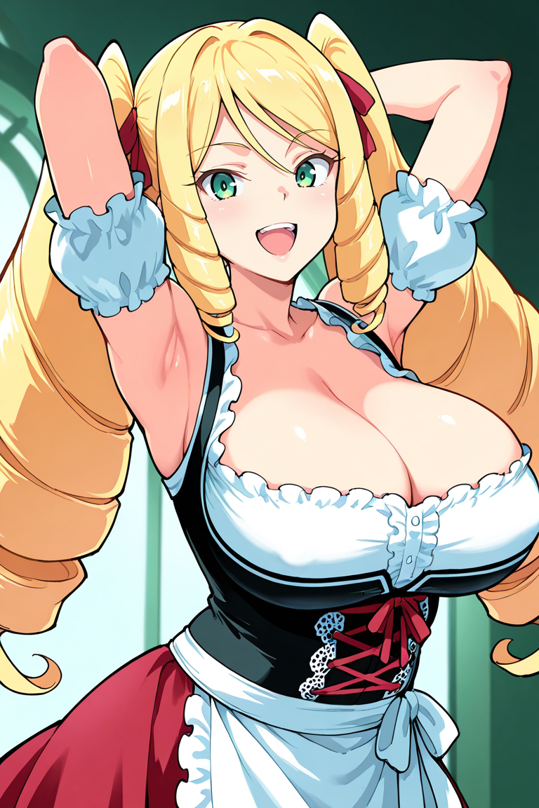 masterpiece , source_anime  , 1girl, blonde hair, green eyes, solo, breasts, drill hair, , , skirt, , twintails, , long hair, , open mouth, huge breasts, , , smile , , dirndl, bare shoulders , hands behind head, armpits , teeth