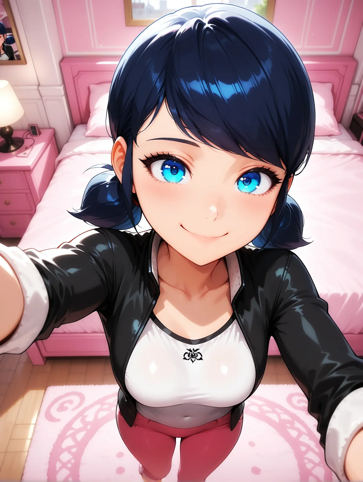 masterpiece, best quality, amazing quality, very aesthetic, detailed eyes, perfect eyes, amazing quality, 19 years old, solo, imtdmarinetteillus, 1girl, blue eyes, blue hair, twintails, short twintails, shirt, pants, jacket, hair bun, low twintails, short hair, pink pants, swept bangs, capri pants, double bun, sleeves rolled up, medium breast, selfie, indoor, bedroom, pink bedroom, detailed background, smile, closed mouth.