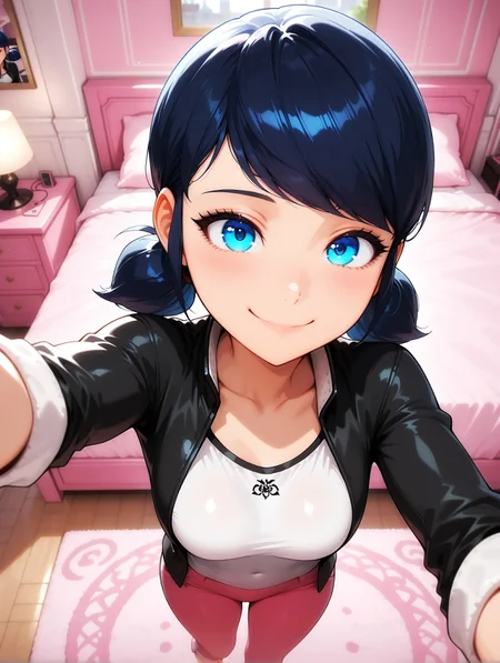 masterpiece, best quality, amazing quality, very aesthetic, detailed eyes, perfect eyes, amazing quality, 19 years old, solo, imtdmarinetteillus, 1girl, blue eyes, blue hair, twintails, short twintails, shirt, pants, jacket, hair bun, low twintails, short hair, pink pants, swept bangs, capri pants, double bun, sleeves rolled up, medium breast, selfie, indoor, bedroom, pink bedroom, detailed background, smile, closed mouth.
