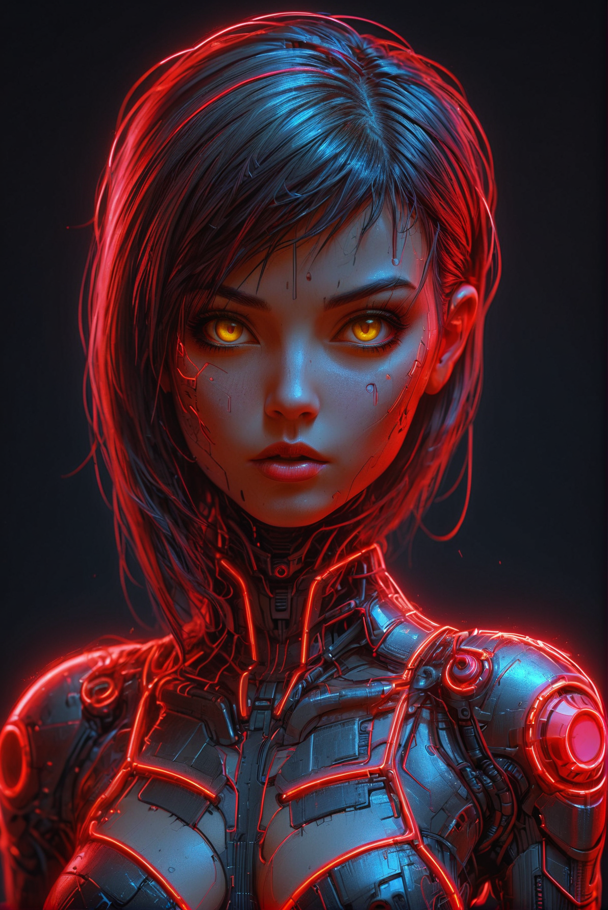 cyberpunk girl, neon_yellow outline, dark neon_red backgroung, scifi, 1980s, retro Classic headshot pose, athletic, cleavage  <lora:Dystopia:0.8> <lora:Neon_Cyberpunk_SDXL_-_Cyberspace:0.8> mad-cyberspace,, (masterpiece:1.2), best quality, (hyperdetailed, highest detailed:1.2), high resolution textures
