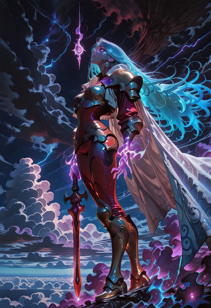 masterpiece, very aesthetic, absurdres, Hype4realistic, 8k, Smo0thL1nes, lazypos, 
view of dark clouds, thick layer of dark clouds cover the ground, night,

solo, 1woman, from side, DS_Katarina, aqua blue hair, gradient hair, purple eyes, right purple hand, glowing hand, 

detailed eyes, looking up, 
red chrome bodysuit, narrow waist, loose white cloak, fabric texture, golden gauntlets, golden boots,

above the clouds, she flies up from the clouds, she emerges from the clouds, 

 , vivid_color, high contrast, speed lines, move_effects, holding a one-handed sword, stabbing upwards
