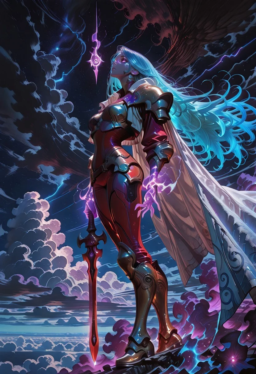 masterpiece, very aesthetic, absurdres, Hype4realistic, 8k, Smo0thL1nes, lazypos,
view of dark clouds, thick layer of dark clouds cover the ground, night,
solo, 1woman, from side, DS_Katarina, aqua blue hair, gradient hair, purple eyes, right purple hand, glowing hand,
detailed eyes, looking up,
red chrome bodysuit, narrow waist, loose white cloak, fabric texture, golden gauntlets, golden boots,
above the clouds, she flies up from the clouds, she emerges from the clouds,
, vivid_color, high contrast, speed lines, move_effects, holding a one-handed sword, stabbing upwards