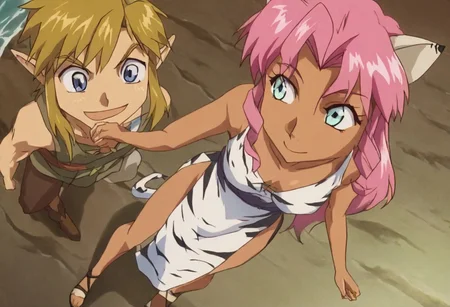 Pink_DragonPink, 1girl, sleeveless dress, white tiger print dress, pelvic curtain, cleavage, white tiger tail, red sash, small breasts, leather shoes, masterpiece, very aesthetic, cute expression, smiling, <lora:pink-illustrious:1>, 
Break
(anime, anime coloring:1.3),1boy,Anime screencap,link (zelda),blonde hair,blue eyes,pointy ears, wearing blue hyilian tunic, smiling,
Hylia lake, dragonpink and link walking in water, happy and smiling, holding hands