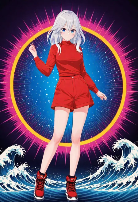 waporwave style, highly detailed,1 girl,full body,vibrant background