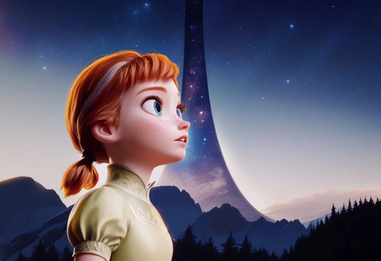 score_9, score_8_up, score_7_up, dramatic lighting, sparkling lights, cinematic, BREAK,
hlrng, horizon, starry sky, mountainous horizon, scenery, dark, darkness, night, night sky, starry sky, star \(sky\), nebula, galaxy,
1girl, solo, anna, blue eyes, freckles, auburn hair, twintails, short twintails, green dress, relaxed eyes, perfection,
