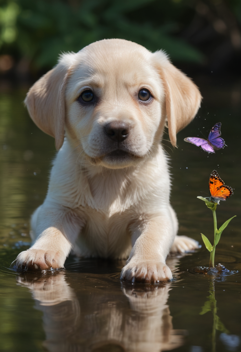 adorable lab puppy with beautiful eyes trying to catch a butterfly, water, reflections, <lora:add-detail-xl:0.9>, <lora:xl_more_art-full_v1:0.5>, ziprealism
