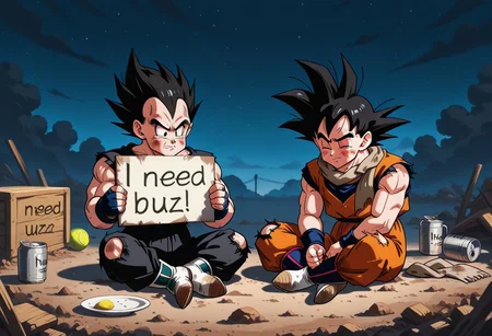 2 man, 1 man Goku, son goku, Expressive, sad, no muscles, slim, hungry face, hungry cheeks, messed up hair, messy hair, dirty hair, black hair, big eyebrows, dirt on face, old dirty shirt, holey shirt, torn shirt, old dirty scarf, old dirty cargo, ripped pants, black eyes, black hair, coverd on dirt, beggar clothes, dirty shoes, dirty fingerless gloves, old gloves, no shoes, one holey tennis, one holey sock, broken nails, black hair, eyes closed, sad face, sitting on wood box, empty tuna can, empty mug on The floor, empty plate on floor, empty botlle on floor, dirty blanket on floor, a street, night sky, need_buzz, holding sign.
1 man vegeta, vegeta  sad, looking down, vegeta sitting on a wood box,