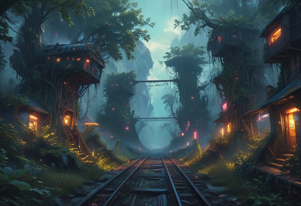 "You're a passenger travelling first class on a train without a roof. This current portion of the journey, the , gaining altitude to eventually arrive at the mountain pass off in the distance. Looking straight ahead, you see that the tracks are flanked on either side by towering forest. The canopy of the forest is remarkably adorned with (a network of tree-houses of neo-brutalist curved design." ((cinematic concept-art illustration, low angle, rectilinear composition)),(neon nightmare fantasy fever dream),