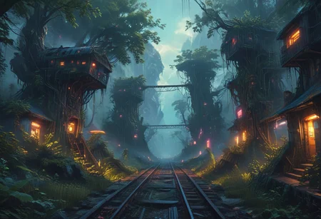 "You're a passenger travelling first class on a train without a roof. This current portion of the journey, the , gaining altitude to eventually arrive at the mountain pass off in the distance. Looking straight ahead, you see that the tracks are flanked on either side by towering forest. The canopy of the forest is remarkably adorned with (a network of tree-houses of neo-brutalist curved design." ((cinematic concept-art illustration, low angle, rectilinear composition)),(neon nightmare fantasy fever dream),