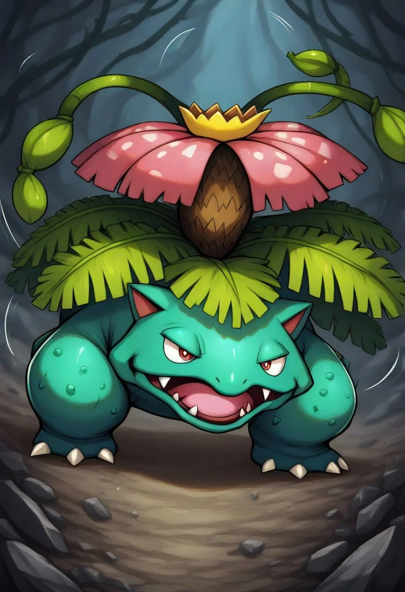 vwstyle, full-length portrait, <lora:Venusaur_IL:1> pokemon (creature), venusaur, plant on back, cinematic, blurred background, action scene, vines, vinewhip, motion lines, dynamic angle, open mouth, detailed background, solo, serious expression, debris,