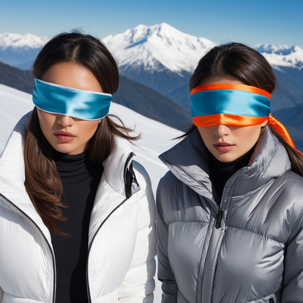 satin_scarf_blindfold, two women, puffer jackets, snowy mountainside
 <lora:satin_scarf_blindfold:0.3>