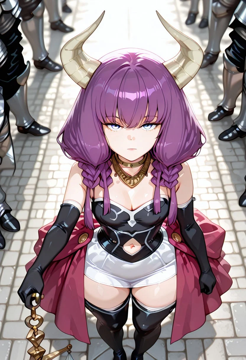 artist:moriimee, masterpiece, best quality, amazing quality, full body, extremely detailed face, perfect lighting, extremely detailed CG, (perfect hands, perfect anatomy), 8k, Ultra-HD, pov, from above, solo,
BREAK,
1girl, AuraSSnF, purple hair, low-braided long hair, blue eyes, demon horns, perfect face, expressionless, blank look, hypnotized, neck ring, necklace, black corset, small breasts, cleavage, navel cutout, white skirt, overskirt, purple skirt, elbow gloves, black gloves, thigh boots, black footwear, arm at side, holding scale, balancing scale, scales in balance, standing, narrow waist, huge ass, wide hips, looking at viewers, 
BREAK,
BREAK, outdoors, detailed background, blurry background, multiple others, headless, knight, blurry, standing,